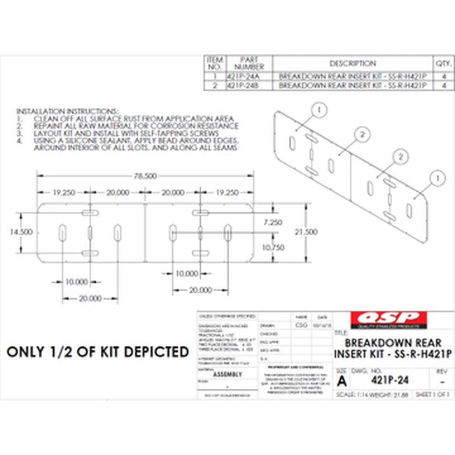 QSP 421P SS Insert kit for Rear Slip Plate-L421/L424. 21.5" x 78.5" plus hardware replacement part