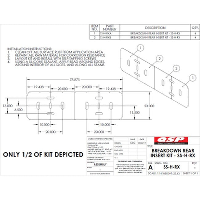QSP SS-H-RX SS Insert for Rear Slip Plate of an RX Rack 23 X 78-7/8 Power Slide replacement part