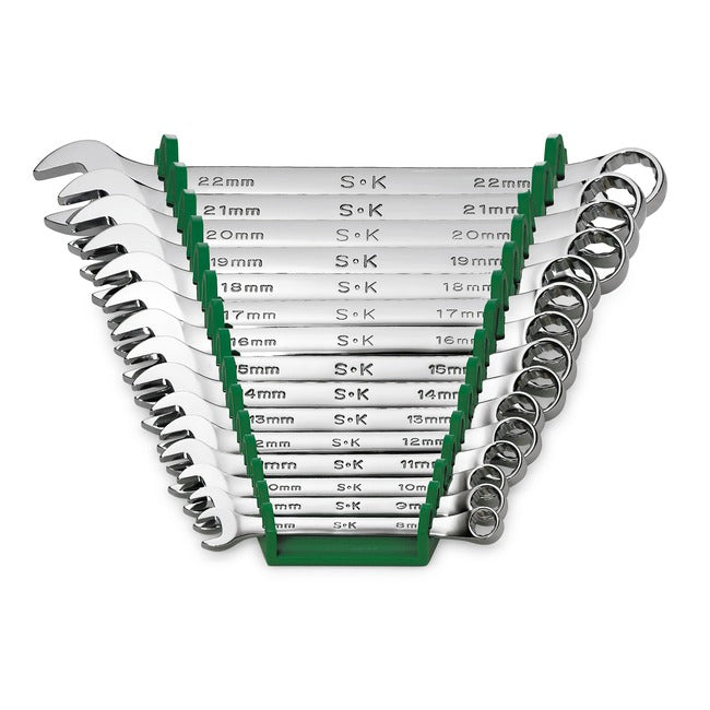 SK Tools - 15 Piece 12 Point Metric Regular Combination Chrome Wrench Set