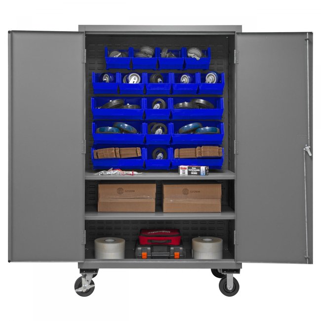 DURHAM MFG 2502M-BLP-18-2S-5295 Mobile Cabinet, 2 Shelves, 18 Blue Bins