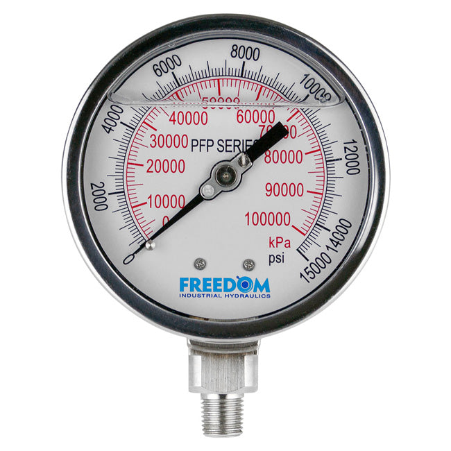 Freedom Hydraulics 4 Inch Face, Glycerin Filled Liquid Gauge, 15,000 Psi, 1/4 Inch Nptf