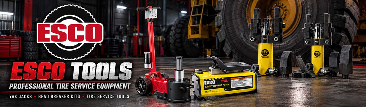 ESCO professional tire service equipment banner featuring YAK air hydraulic jacks, giant tire bead breaker kits, hydraulic pumps and heavy-duty tire tools