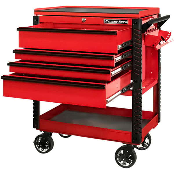 Extreme Tools EX3304TCRDBK EX Series 33 in. Deluxe 4-Drawer Tool Utility Cart with Bumpers in Red