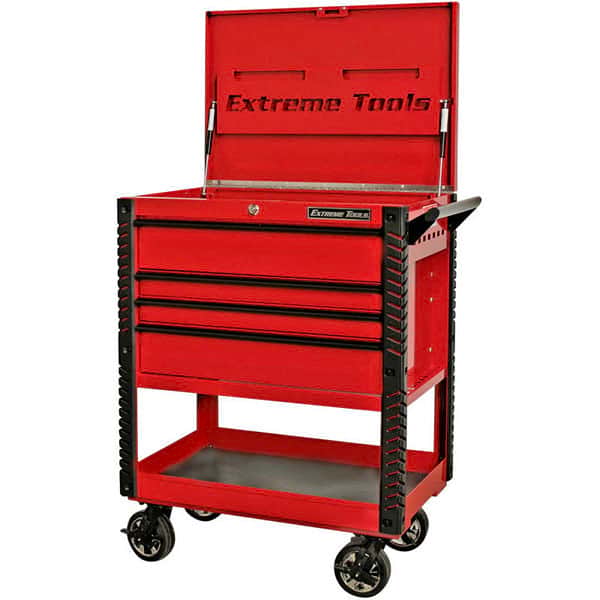 Extreme Tools EX3304TCRDBK EX Series 33 in. Deluxe 4-Drawer Tool Utility Cart with Bumpers in Red