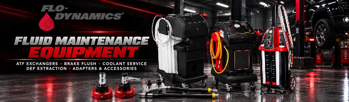 Flo-Dynamics fluid maintenance equipment banner featuring ATF exchangers, brake flush machines, coolant service equipment, DEF extraction tools and service adapters