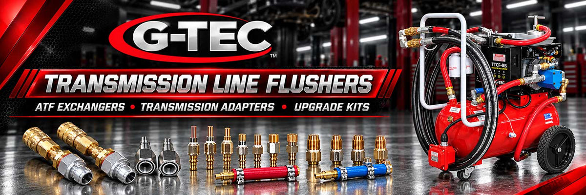G-TEC transmission line flushers banner featuring ATF exchanger machine, transmission adapters and upgrade kits for professional transmission fluid service