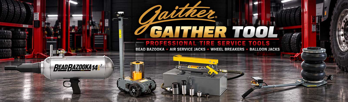 Gaither Tool professional tire service equipment banner featuring Bead Bazooka, Winntec air service jack, wheel breaker set and pneumatic balloon jack