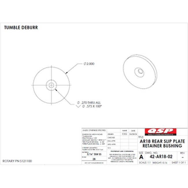 QSP 42-AR18-02 Rotary AR18 and YA12 rear slip plate retainer bushing - Rotary pn S121100 and 140037. Made out of stainless steel replacement part