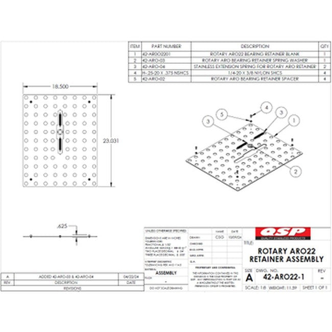 QSP 42-ARO22 Rotary ARO22 Rear Slip Plate Retainer Kit - Includes (1) stainless steel retainer 18.5" x 23.031", (88) 3/4" bearings, (4) nylon feet, (2) springs and (1) washer replacement part