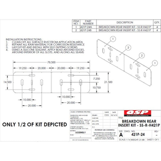 QSP 421P SS Insert kit for Rear Slip Plate-L421/L424. 21.5" x 78.5" plus hardware replacement part