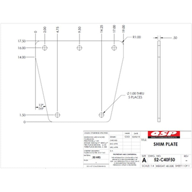 QSP 52-C40F50 Challenger 4 post front shim 1/2" 40 Series Open Front replacement part