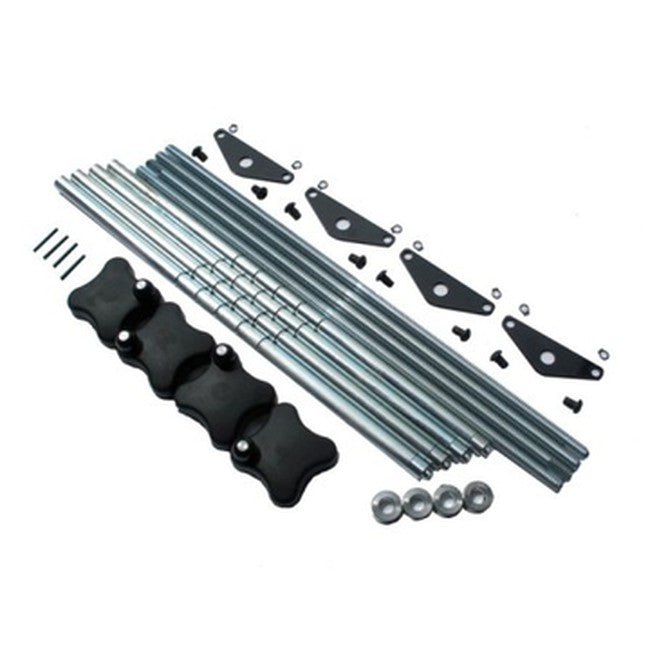 QSP DB-1097 22" Wheel Extension Kit. Contains (8) Rods, (4) Acme Threaded Shaft, (8) Self Centering Rod Plates, (8) E-Clips, (8) Buttonhead Screws, (4) Acme Shaft Clamps, (4) 1/8" Roll Pins & (4) Spinner Knobs replacement part