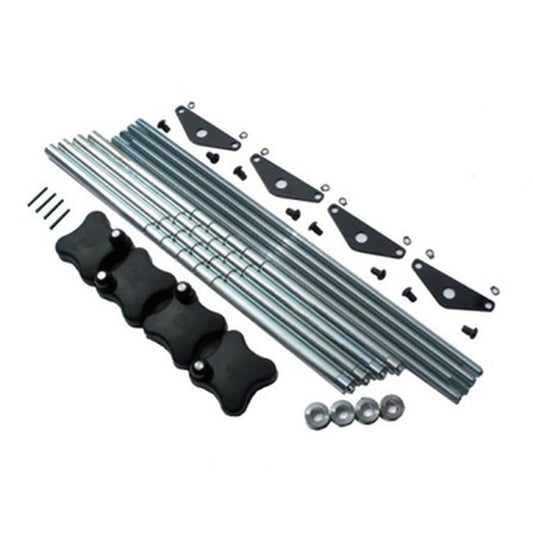 QSP DB-1097 22" Wheel Extension Kit. Contains (8) Rods, (4) Acme Threaded Shaft, (8) Self Centering Rod Plates, (8) E-Clips, (8) Buttonhead Screws, (4) Acme Shaft Clamps, (4) 1/8" Roll Pins & (4) Spinner Knobs replacement part