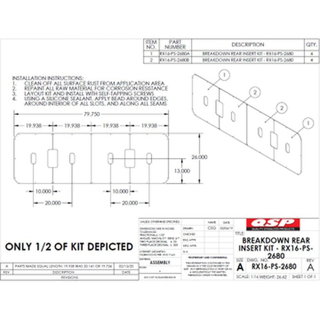 QSP RX16-PS-2680 1 set of 2 SS Inserts for Hunter RX16 w/Powerslide 79-1/4" x 26" replacement part