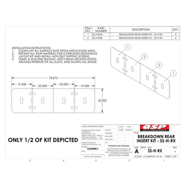 QSP SS-H-RX-A SS Insert kit for Rear Slip Plate of an RX Rack. Includes (2) inserts and 41-77-600 repair kit. 23" x 78-7/8" Power Slide replacement part