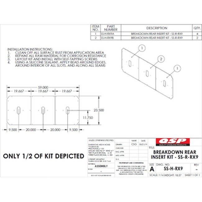 QSP SS-H-RX9 SS Insert kit for Rear Slip Plate of an RX9 Rack 23-1/2 X 59 (Includes 41-77-480 kit w/36 screws) replacement part