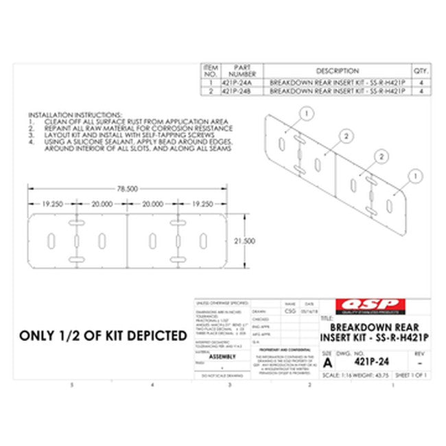 QSP SS-R-H421P SS Insert kit for Rear Slip Plate-L421/L424. Includes (2) inserts and 41-77-600 repair kit - 21-1/2" x 78-1/2" replacement part