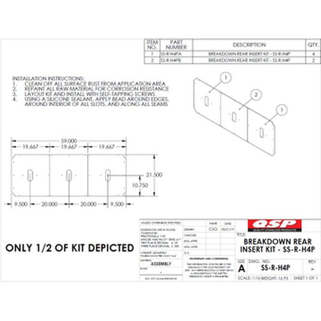 QSP SS-R-H4P SS Insert kit for Rear Slip Plate-L401/L404 / RLHD. Includes (2) inserts and 41-76-QS repair kit 21-1/2" x 59" replacement part