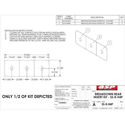QSP SS-R-H4P SS Insert kit for Rear Slip Plate-L401/L404 / RLHD. Includes (2) inserts and 41-76-QS repair kit 21-1/2" x 59" replacement part