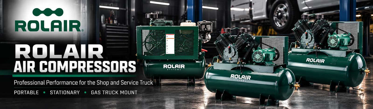 Rolair air compressors promotional image showing professional portable, stationary and gas truck mount air compressors for shop and service truck applications