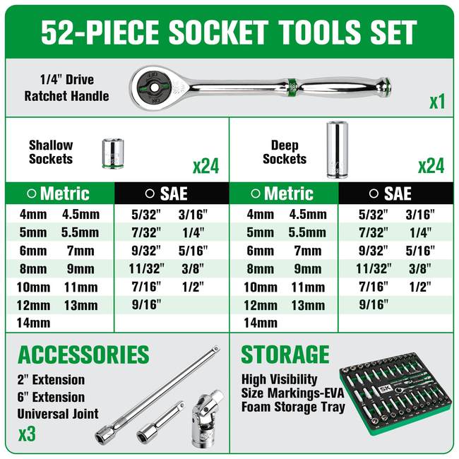 SK Tools - 1/4 in.- Drive, 52 Piece, 6 Point, Shallow & Deep, SAE & Metric Chrome Socket Set