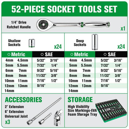 SK Tools - 1/4 in.- Drive, 52 Piece, 6 Point, Shallow & Deep, SAE & Metric Chrome Socket Set