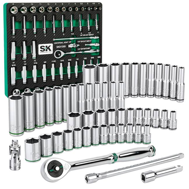 SK Tools - 1/4 in.- Drive, 52 Piece, 6 Point, Shallow & Deep, SAE & Metric Chrome Socket Set