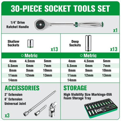 SK Tools - 30 Piece 1/4 in.- Drive, 6 Point, Standard & Deep, Metric Chrome Socket Set