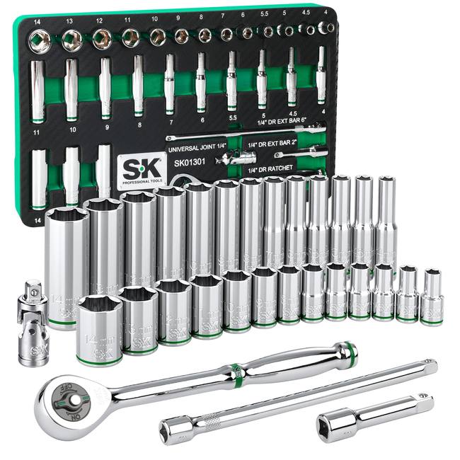 SK Tools - 30 Piece 1/4 in.- Drive, 6 Point, Standard & Deep, Metric Chrome Socket Set