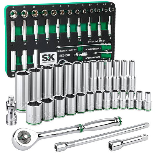 SK Tools - 30 Piece 1/4 in.- Drive, 6 Point, Standard & Deep, Metric Chrome Socket Set