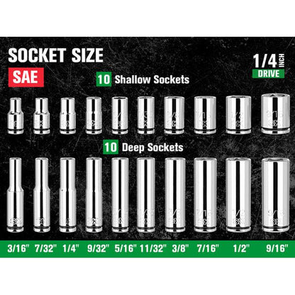 SK Tools - 24 Piece 1/4 in.- Drive, 6 Point, Shallow & Deep, SAE Chrome Socket Set with 216-Position Ratchet
