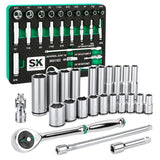 SK Tools - 24 Piece 1/4 in.- Drive, 6 Point, Shallow & Deep, SAE Chrome Socket Set with 216-Position Ratchet