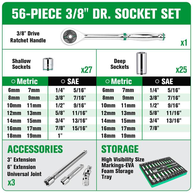 SK Tools - 56 Piece 3/8 in.- Drive, 6 Point, Standard & Deep, SAE & Metric Chrome Socket Set