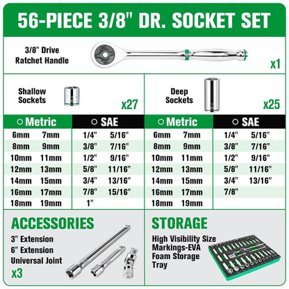 SK Tools - 56 Piece 3/8 in.- Drive, 6 Point, Standard & Deep, SAE & Metric Chrome Socket Set
