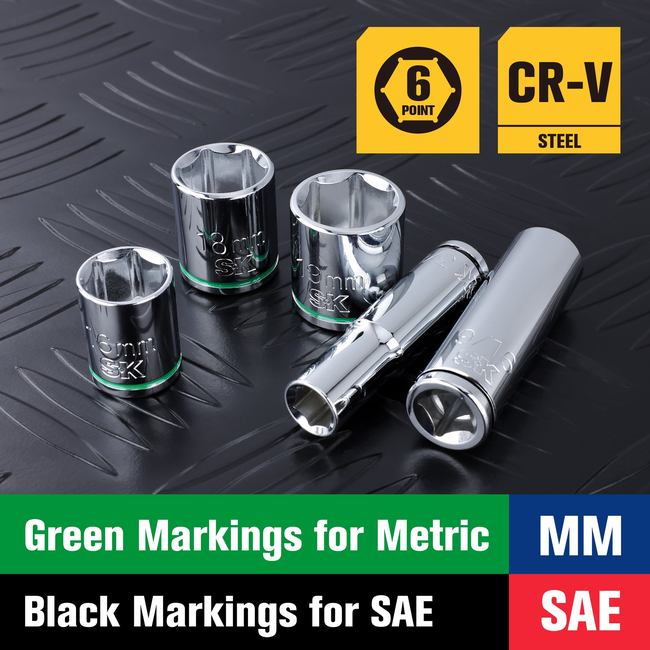 SK Tools - 56 Piece 3/8 in.- Drive, 6 Point, Standard & Deep, SAE & Metric Chrome Socket Set
