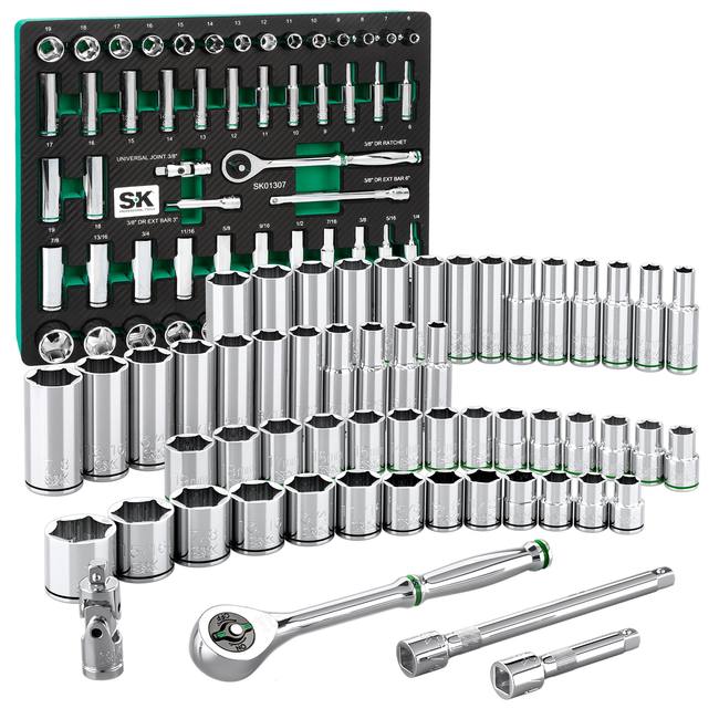SK Tools - 56 Piece 3/8 in.- Drive, 6 Point, Standard & Deep, SAE & Metric Chrome Socket Set