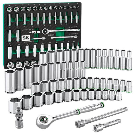 SK Tools - 56 Piece 3/8 in.- Drive, 6 Point, Standard & Deep, SAE & Metric Chrome Socket Set
