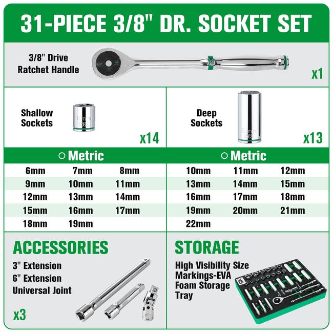 SK Tools - 31 Piece 3/8 in.- Drive, 6 Point, Standard & Deep, Metric Chrome Socket Set