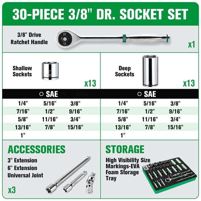 SK Tools - 30 Piece 3/8 in.- Drive, 6 Point, Standard & Deep, SAE Chrome Socket Set
