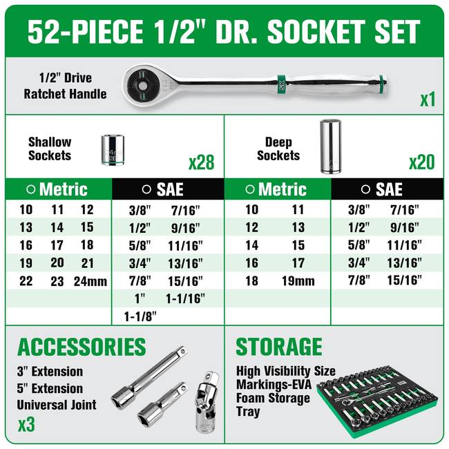 SK Tools - 52 Piece 1/2 in.- Drive, 6 Point, Standard & Deep, SAE & Metric Chrome Socket Set