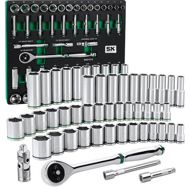 SK Tools - 52 Piece 1/2 in.- Drive, 6 Point, Standard & Deep, SAE & Metric Chrome Socket Set