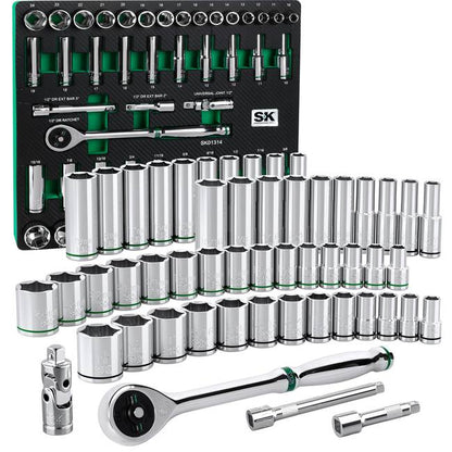 SK Tools - 52 Piece 1/2 in.- Drive, 6 Point, Standard & Deep, SAE & Metric Chrome Socket Set
