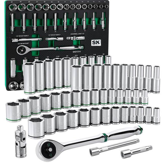 SK Tools - 52 Piece 1/2 in.- Drive, 6 Point, Standard & Deep, SAE & Metric Chrome Socket Set
