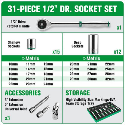 SK Tools - 31 Piece 1/2 in.- Drive, 6 Point, Standard & Deep, Metric Chrome Socket Set