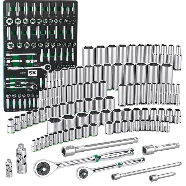 SK Tools - 1/4 in.- & 3/8 in.- Drive, 105 Piece, 6 Point, Shallow & Deep, SAE & Metric Chrome Socket Set