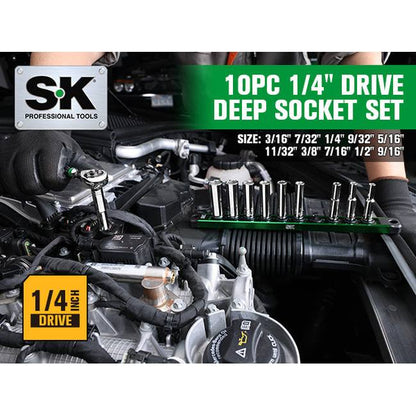 SK Tools - 1/4 in.- Drive, 11 Piece, 6 Point, Deep, SAE Chrome Socket Set