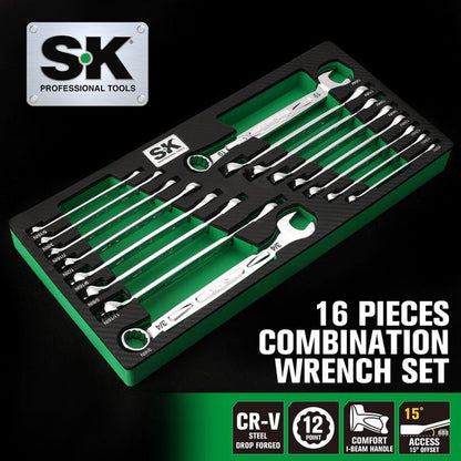 SK Tools - 16 Piece, 12 Point, SAE & Metric Chrome Combination Wrench Set