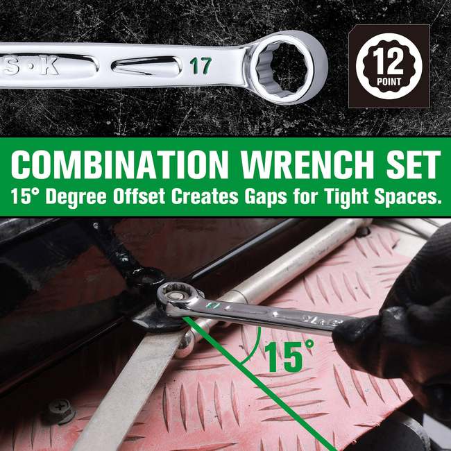 SK Tools - 16 Piece, 12 Point, SAE & Metric Chrome Combination Wrench Set