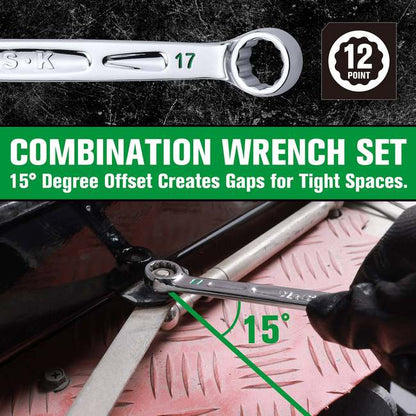 SK Tools - 16 Piece, 12 Point, SAE & Metric Chrome Combination Wrench Set