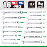 SK Tools - 16 Piece, 12 Point, SAE & Metric Chrome Combination Wrench Set